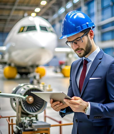Aviation engineer reviewing compliance data on a tablet in front of an aircraft